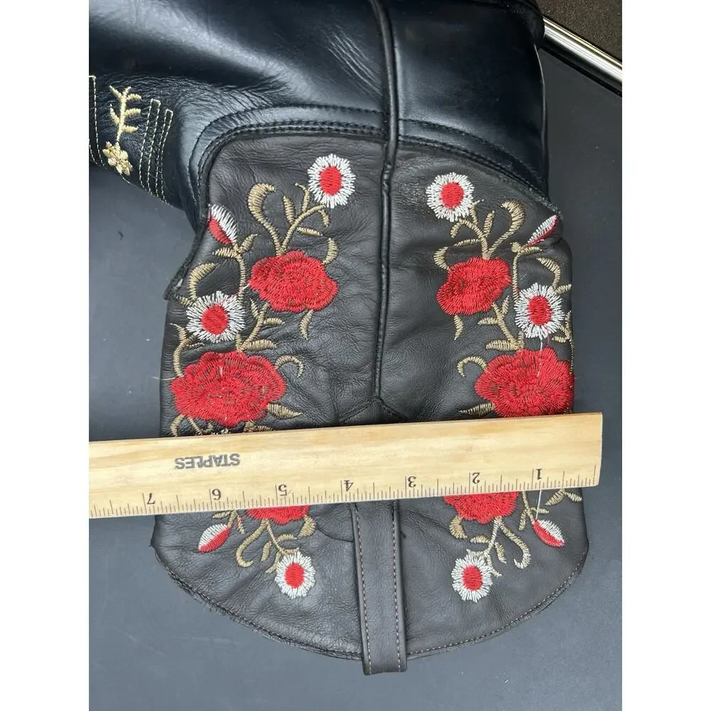 Women’s Genuine Leather Red Rose Black Nobuck Square Toe Western Cowgirl Boot